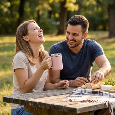 Femme tient tasse isotherme rose pique-nique avec ami
