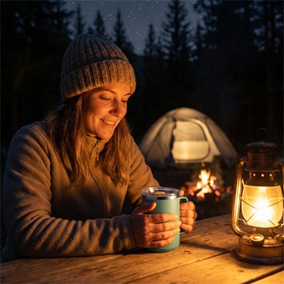 Femme tient tasse isotherme verte camping nuit