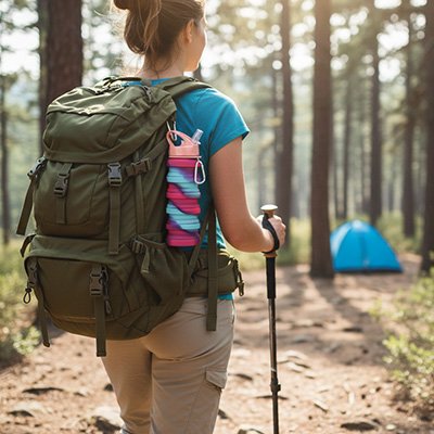 Femme trecking gourde pliable rouge accrochée sac à dos