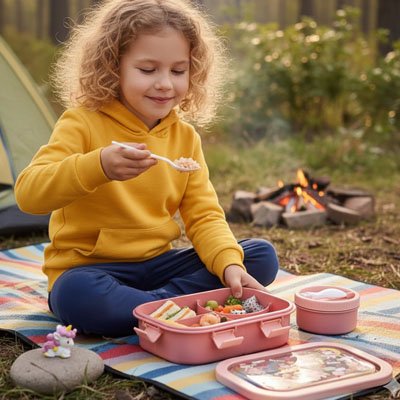 Fillette assise sur tapis camping avec lunch box enfant 