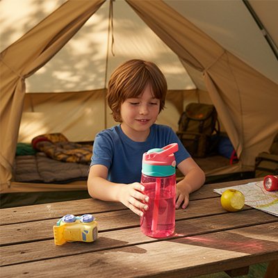 Fillette assise table pique-nique tient gourde enfant rose 