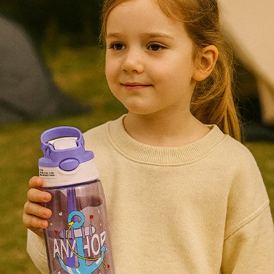Fillette avec gourde enfant mauve plein air
