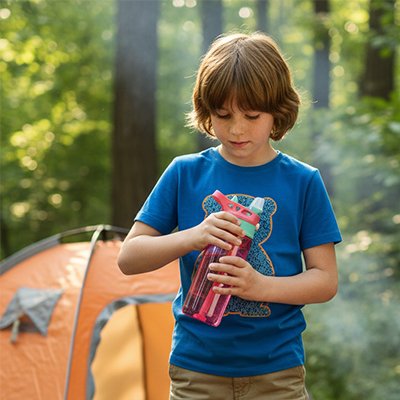 Fillette avec gourde enfant rose camping