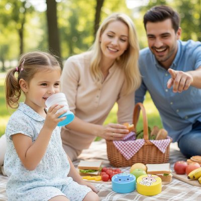 Fillette boit avec gobelet pliable pique-nique familial