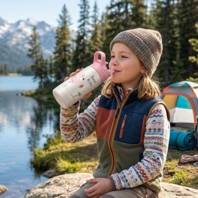Fillette bord lac boit avec gourde enfant rose