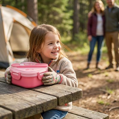 Fillette en camping avec lunch box enfant rose 