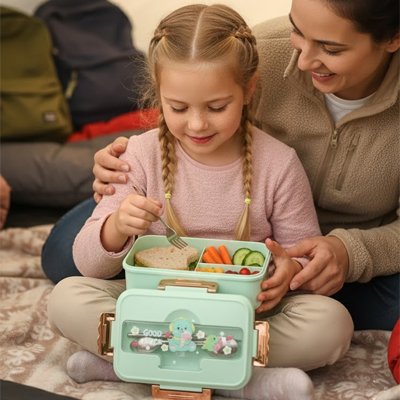 Fillette et maman pique-nique lunch box enfant verte