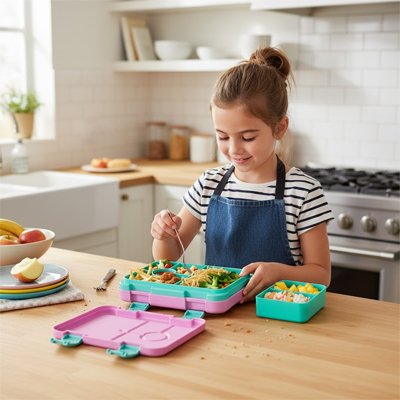 Fillette mange avec Lunch box enfant rose