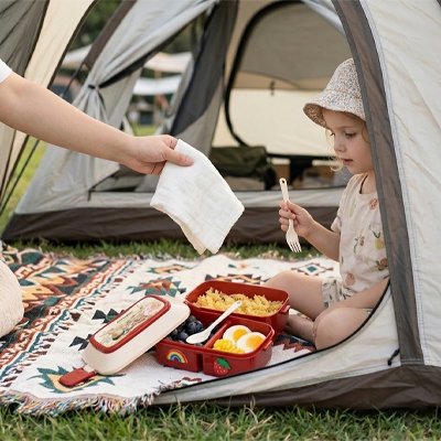 Fillette mange avec lunch box enfant sur tapis en camping