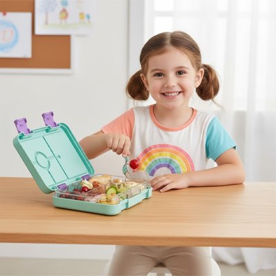 Fillette mange avec Lunch box enfant verte