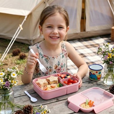 Fillette mange camping avec lunch box enfant rose
