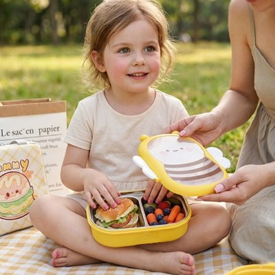 Fillette parc avec lunch box enfant deux compartiments