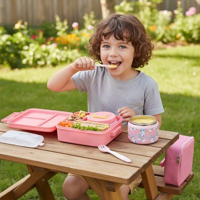 Fillette pique-nique dehors avec Lunch box enfant rose
