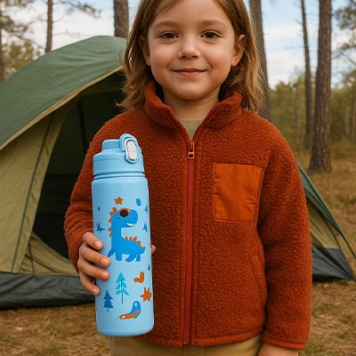 Fillette souriante avec gourde enfant bleue en camping