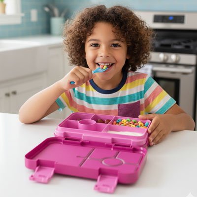 Fillette souriante mange avec Lunch box enfant rose