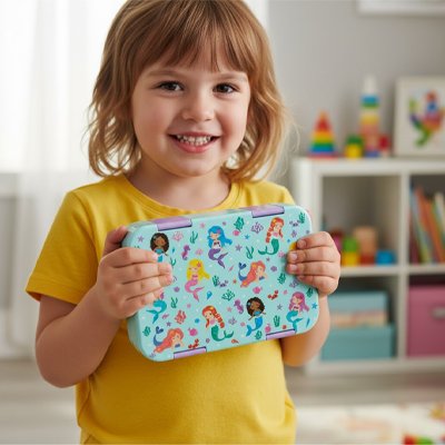 Fillette tient dans mains Lunch box enfant verte