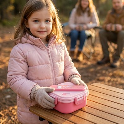 Fillette tient fièrement sa lunch box enfant rose