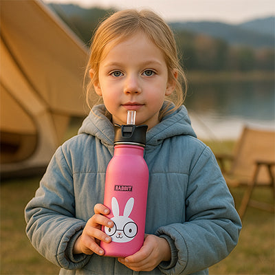fillette tient gourde avec paille rose camping