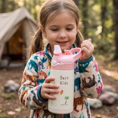 Fillette tient gourde enfant rose en camping