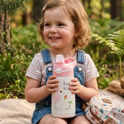 Fillette tient gourde enfant rose lors pique-nique