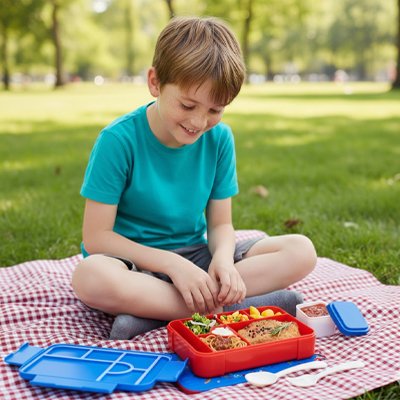 Garçonnet assis avec lunch box enfant rouge et bleue