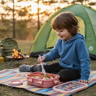 Garçonnet assis sur tapis camping avec lunch box enfant