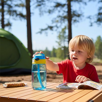 Garçonnet avec gourde enfant bleue camping