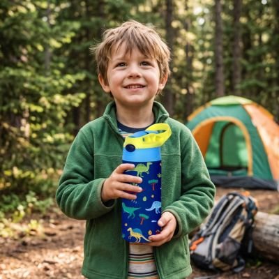 Garçonnet camping tient gourde enfant dinosaure
