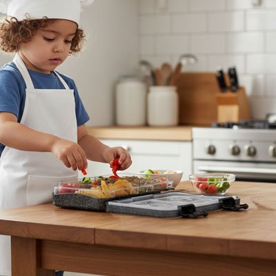 Garçonnet dépose aliments dans Lunch box enfant