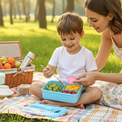 Garçonnet et maman dehors avec lunch box enfant bleue