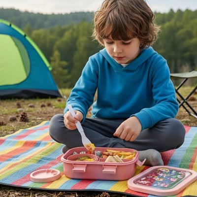 Garçonnet mange avec lunch box enfant en camping