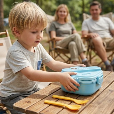 Garçonnet ouvre sa lunch box enfant bleue