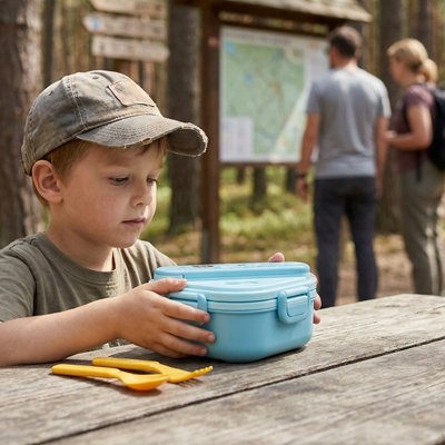 Garçonnet pique-nique avec lunch box enfant bleue