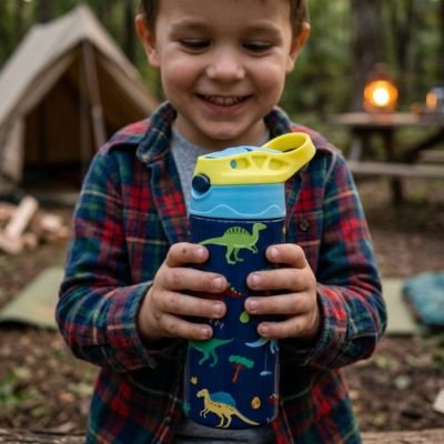 Garçonnet plein air tient gourde enfant bleue motifs dinosaures