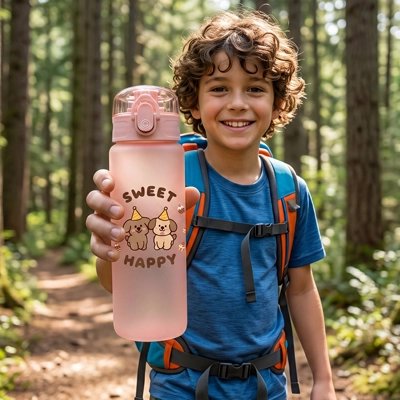Garçonnet randonnée forêt avec gourde enfant rose