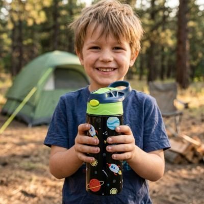 Garçonnet souriant en plein air tient gourde enfant