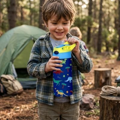 Garçonnet tient par poignée gourde enfant