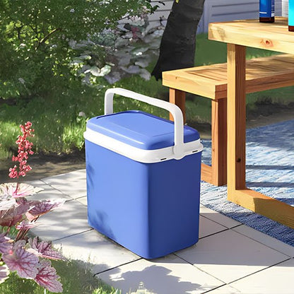 Glaciere bleue au sol à côté table pique-nique