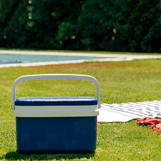 Glaciere bleue avec poignée levée sur gazon