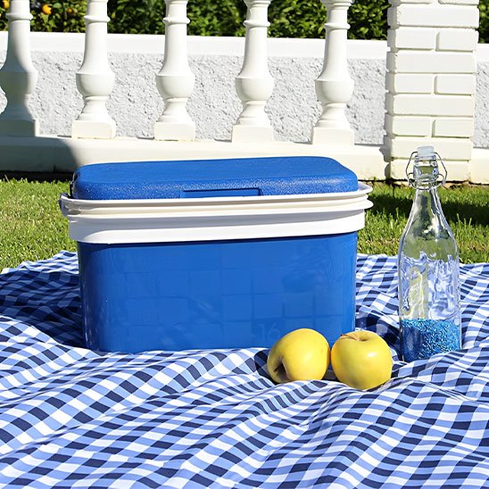 Glaciere bleue fermée sur nappe pique-nique