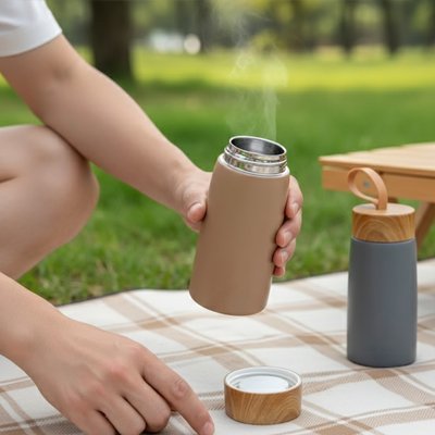 Gobelet isotherme couleur marron ou vert en pique-nique 