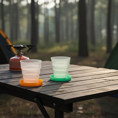 Gobelet pliable avec base orange ou base verte table camping