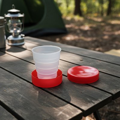 Gobelet pliable base rouge sur table pique-nique