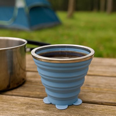 Gobelet pliable bleu sur table pique-nique camping
