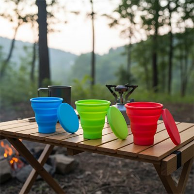 Gobelet pliable en trois différentes couleurs table pique-nique