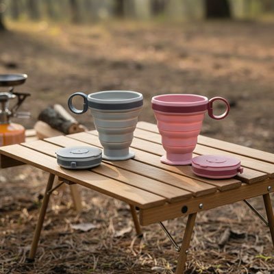 Gobelet pliable en version gris ou rose table camping
