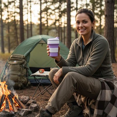 Gobelet pliable mauve et blanc camping