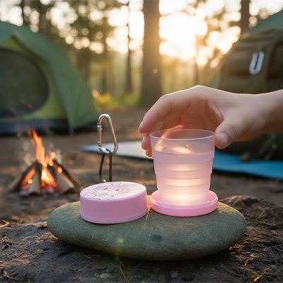 Gobelet pliable rose avec mousqueton plein air