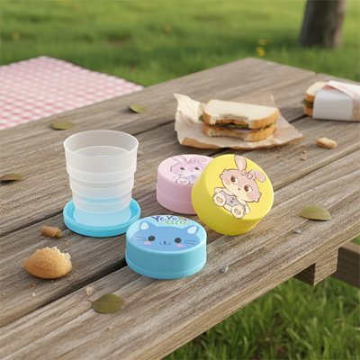 Gobelet pliable trois couleurs différentes avec motifs enfantins