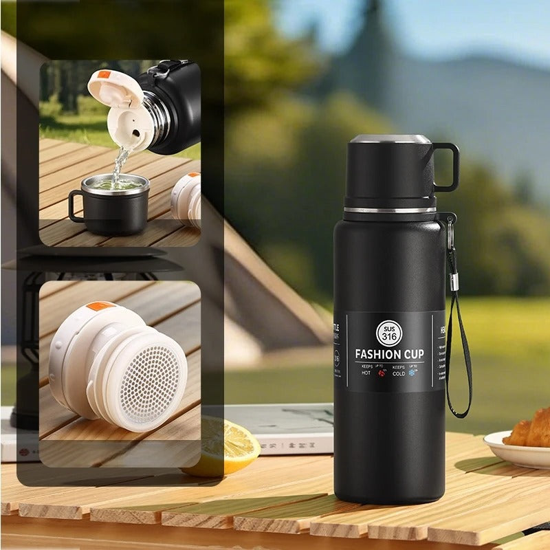 gourde 1 5l avec tasse et filtre à thé camping